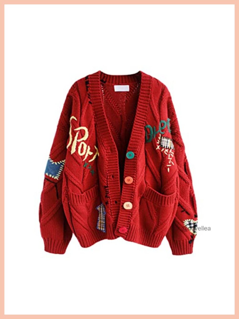 Cable Knit Embroidery Patchwork Cardigan V Neck Long Sleeve Button Down Sweater